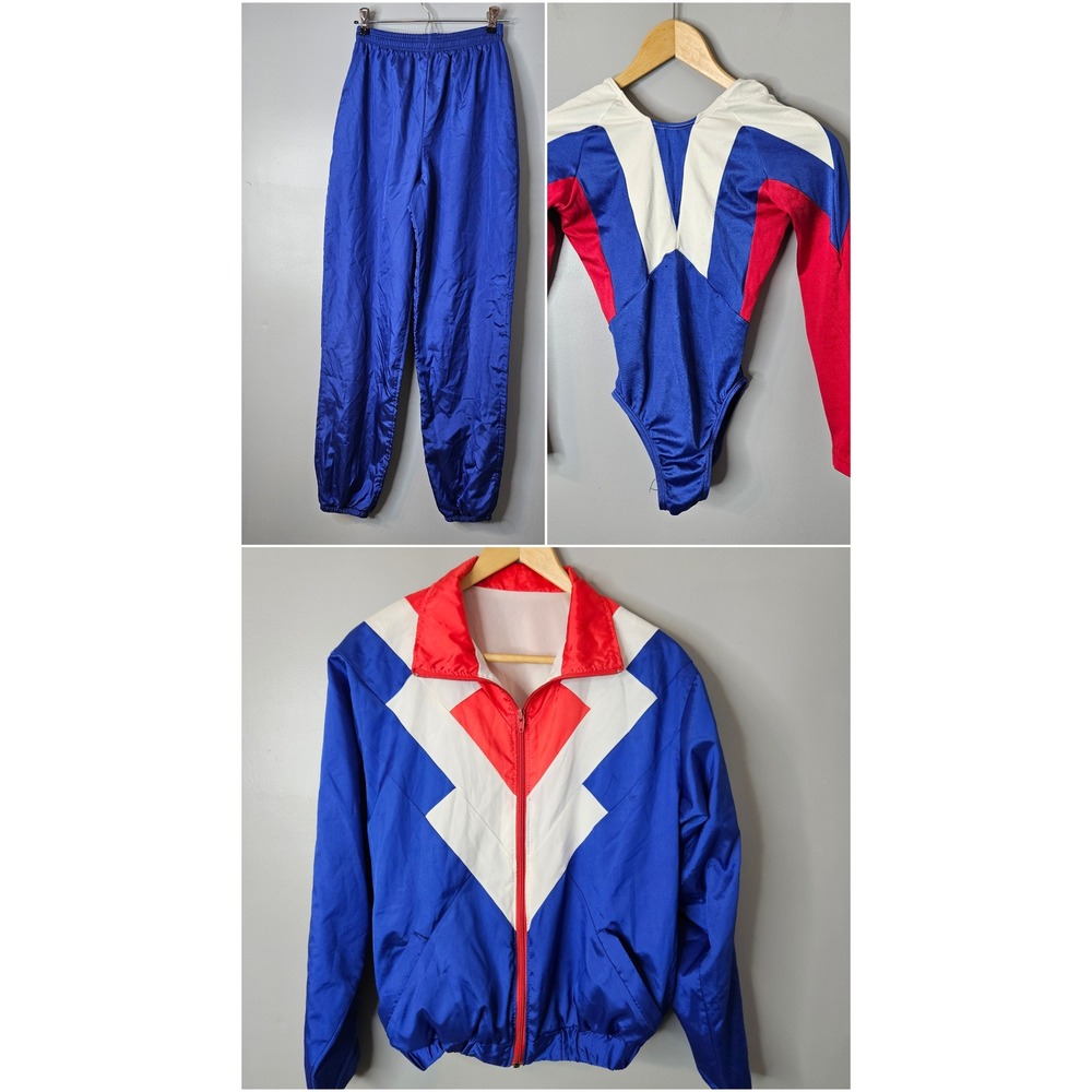 Vintage Alpha Factor Gymnastics Leotard Set Blue Red White Made in USA Small